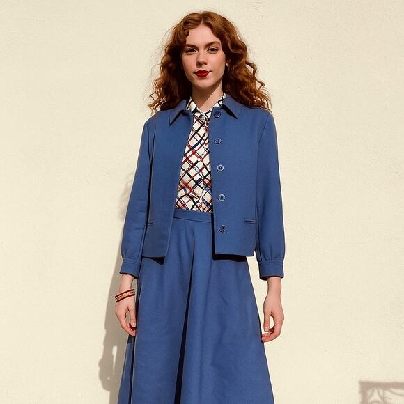 Vintage 1960s Designer William G. Woo Mod Periwinkle Blue Wool Suit XS - Picture 1 of 10